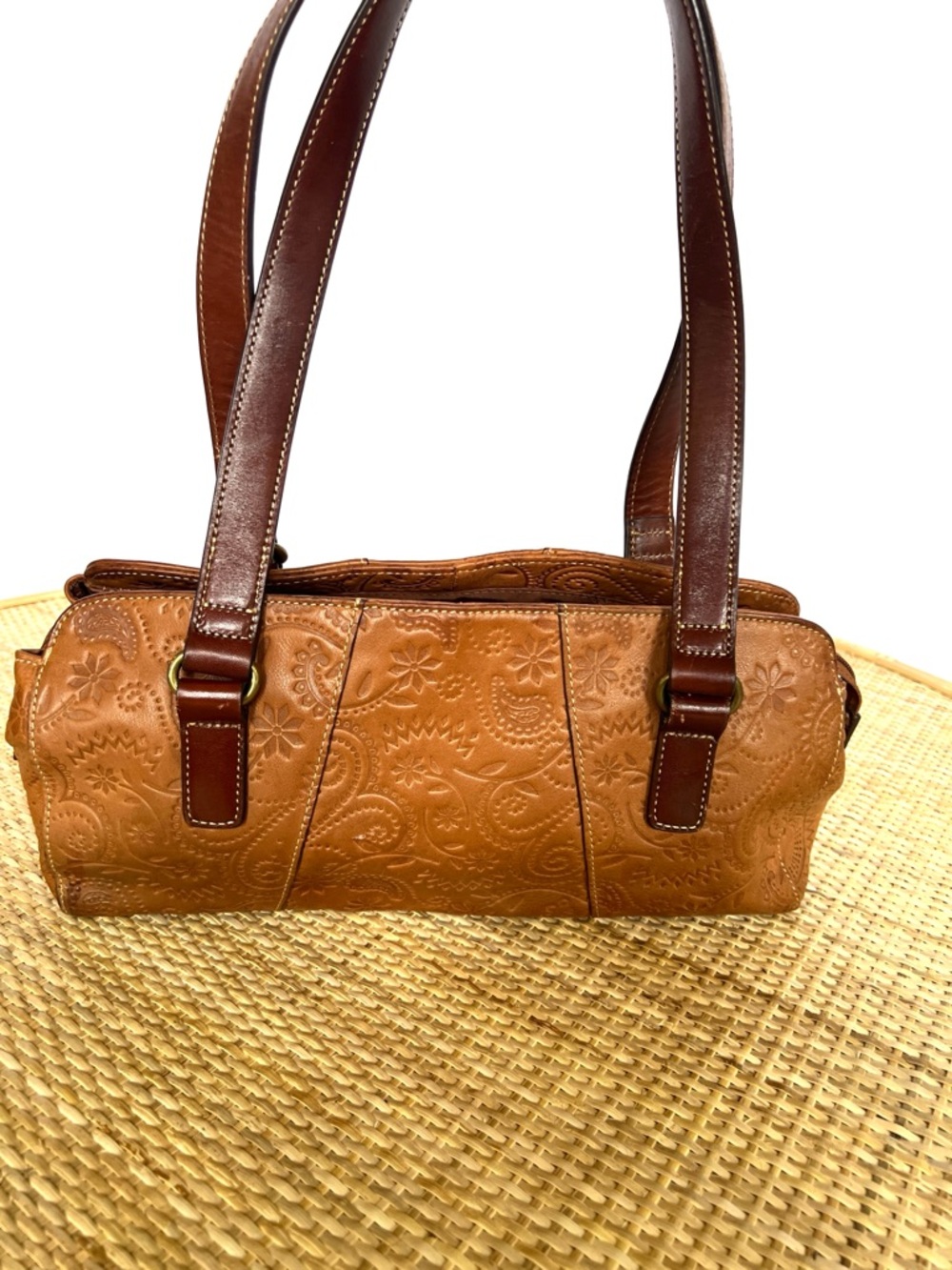 Fossil Tooled Floral leather Y2K Satchel Shoulder Bag Caramel Brown Leather - Picture 2 of 13